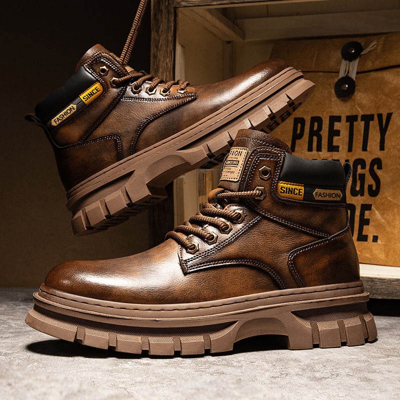 Leather Work Boots - Męskie botki na platformie w stylu